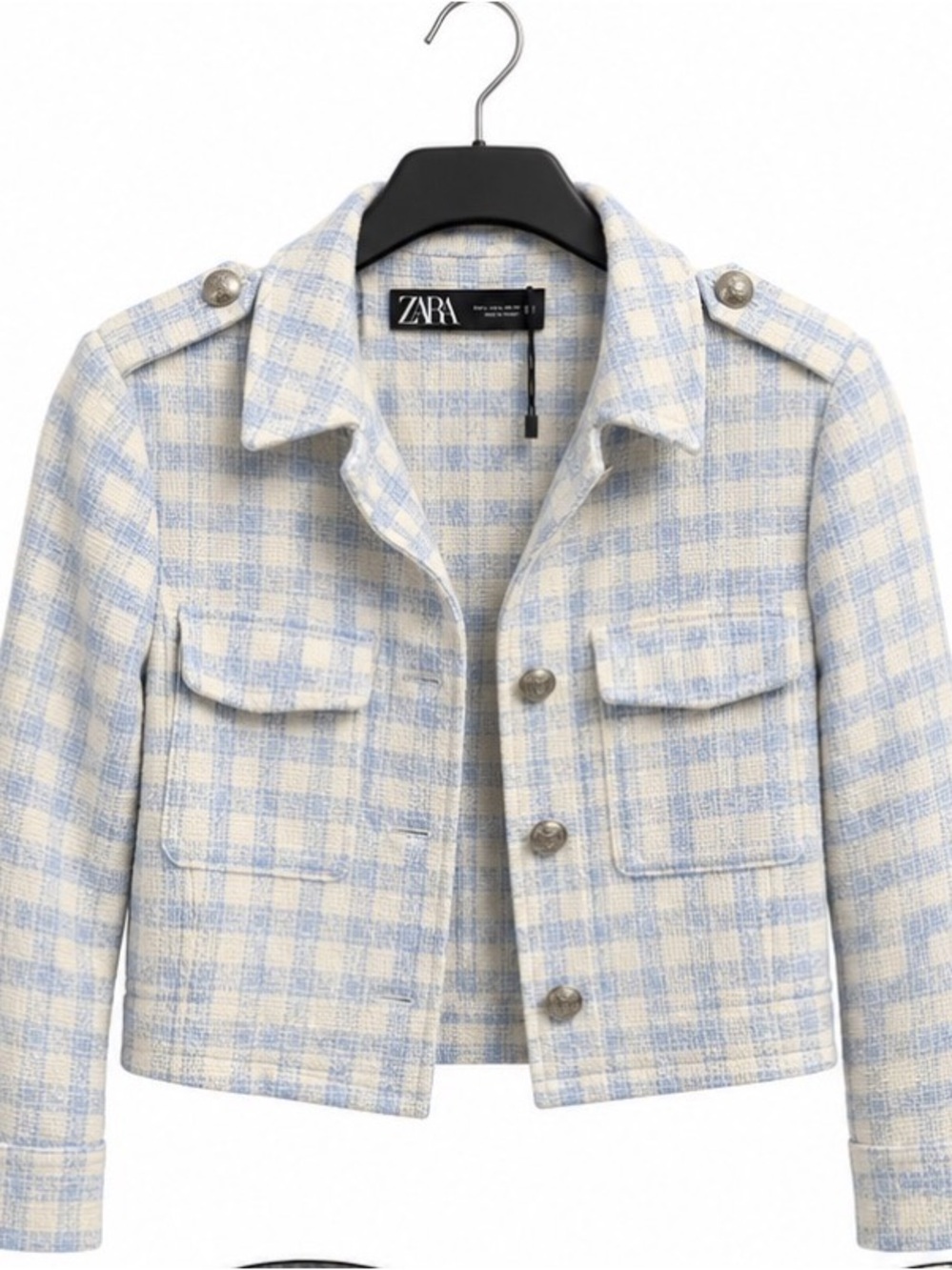 Zara Blue & Cream Checked Tweed Cropped Jacket